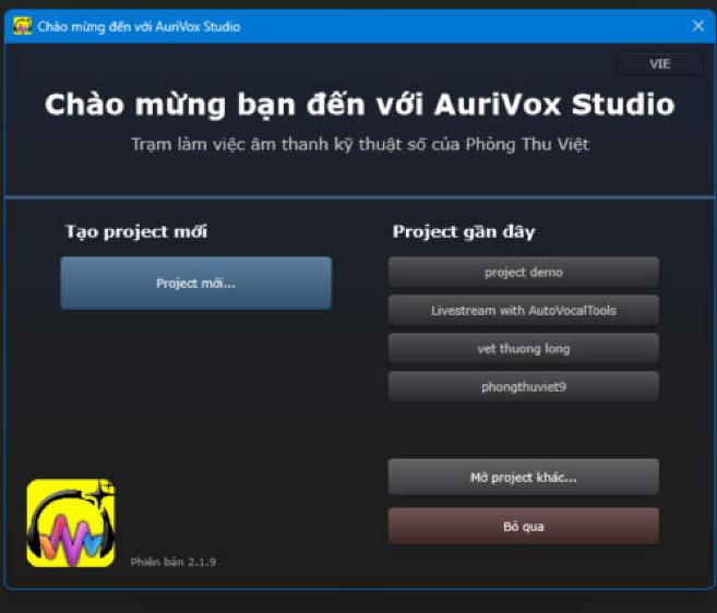 Cửa sổ chào mừng AuriVox Studio