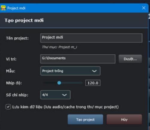 Hộp thoại tạo project mới